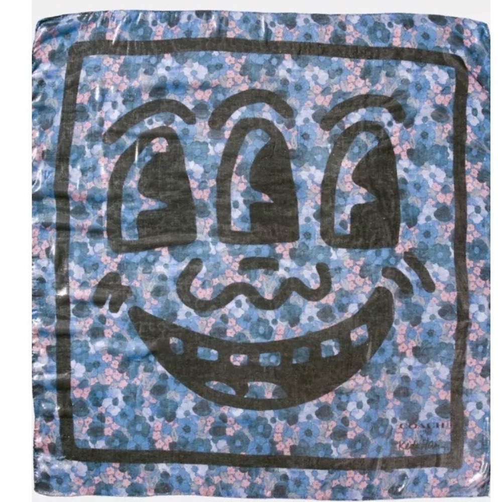 NWT Coach x Keith Haring Three Eye Smile Floral Metallic Square Oversized Scarf